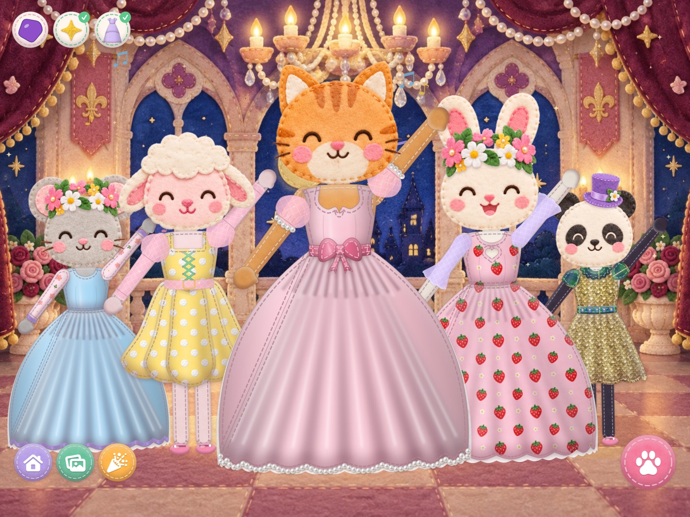 Five plush animal friends dancing at a starry ball in the dresses the child made