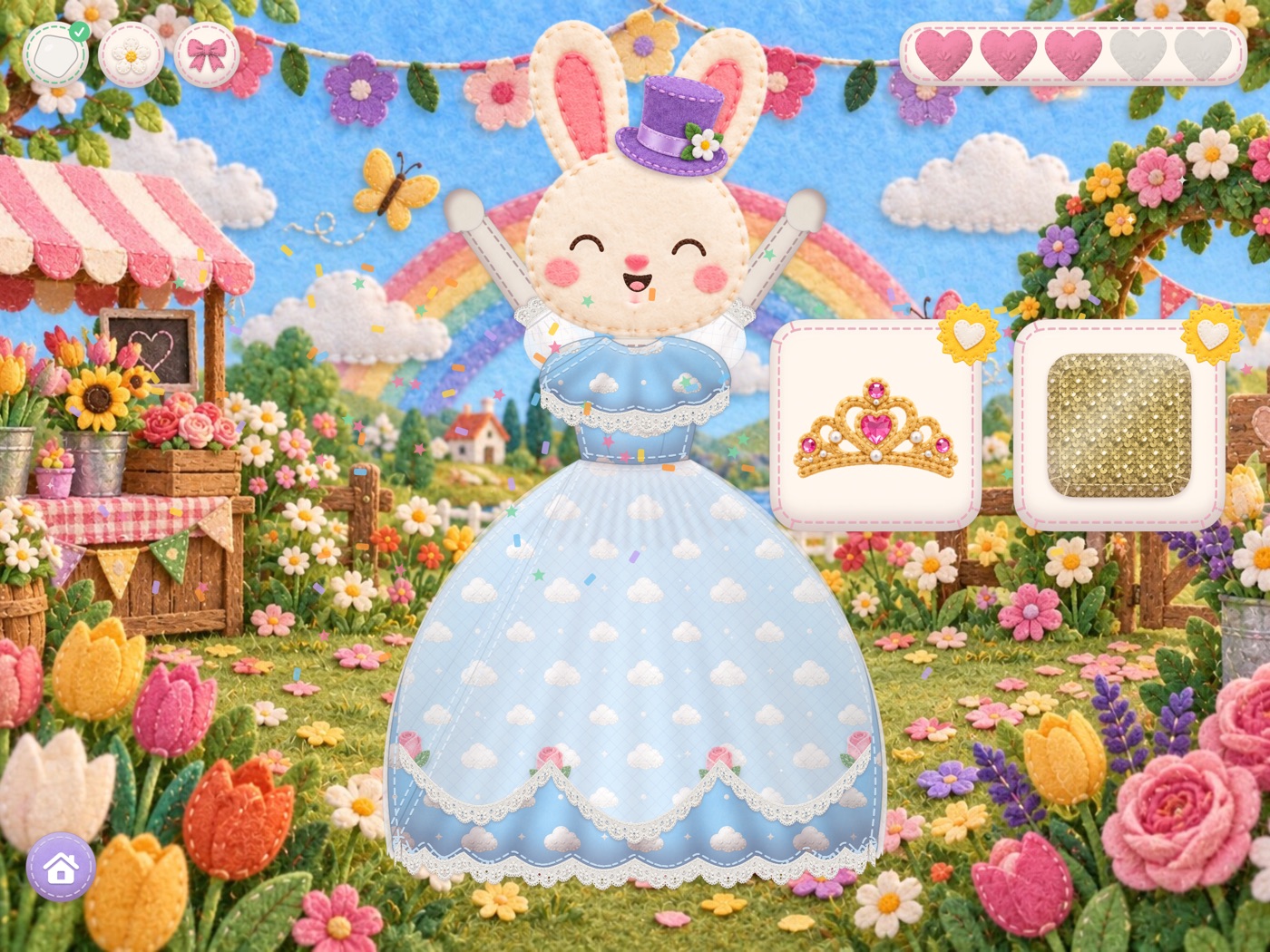 A bunny in a blue ball gown with thank-you presents: a tiara and gold sequins